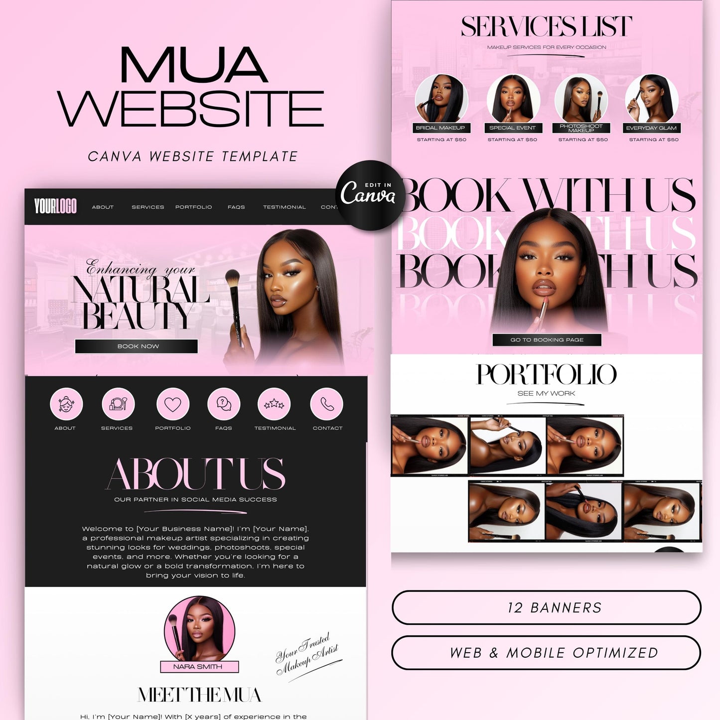 MUA Canva Website Template, Makeup Artist Website Design, Modern Beauty Business Editable Templates (Digital Download)