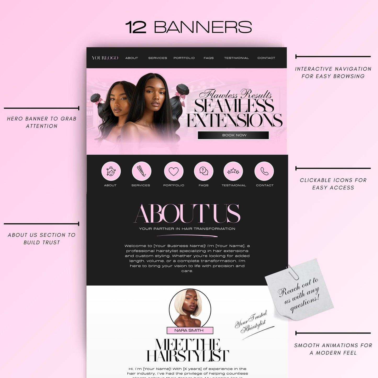 Hair Stylist Website Template, Hair Stylists Canva site, Hair Canva Banners, Hair Extensions Web Banners