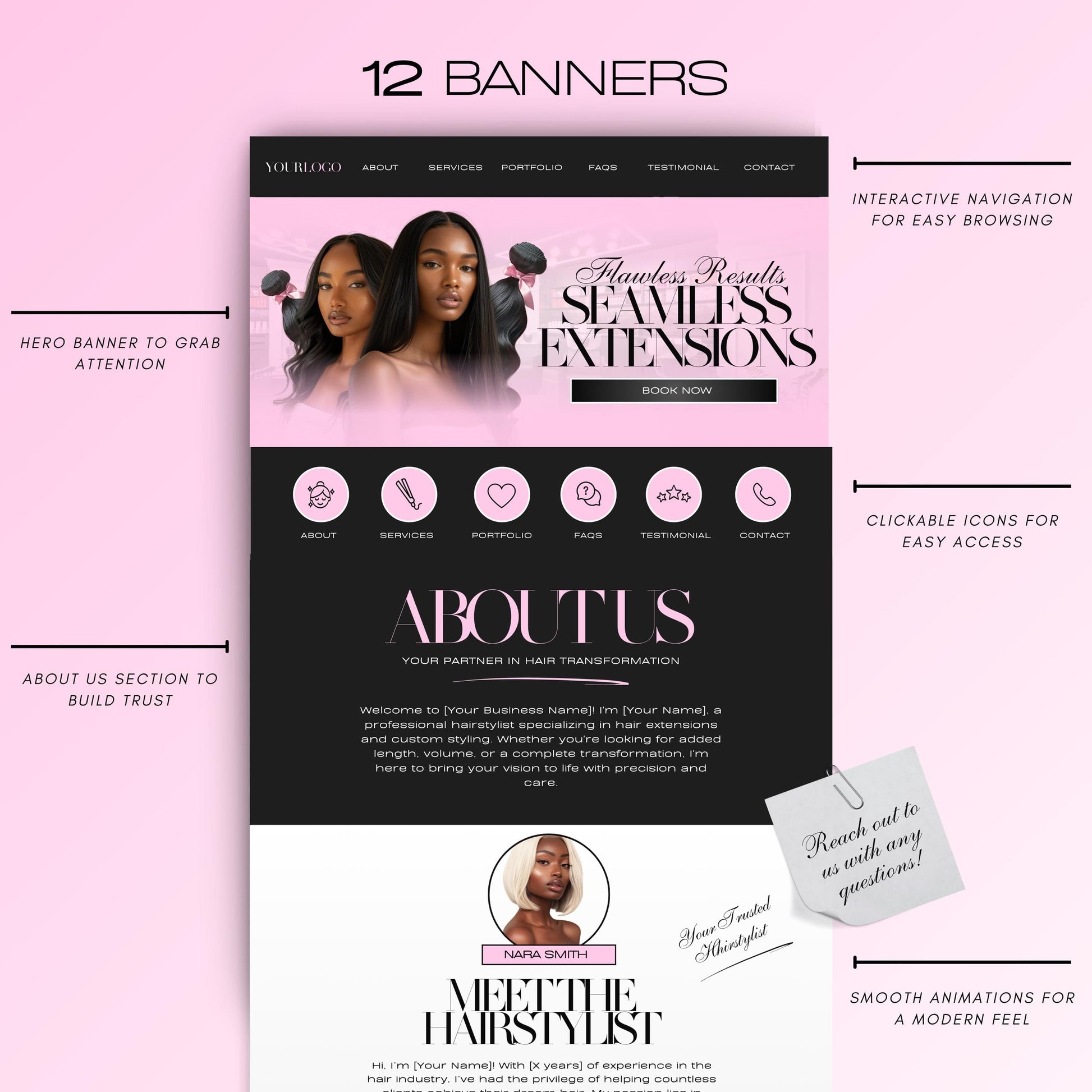 Hair Stylist Website Template, Hair Stylists Canva site, Hair Canva Banners, Hair Extensions Web Banners