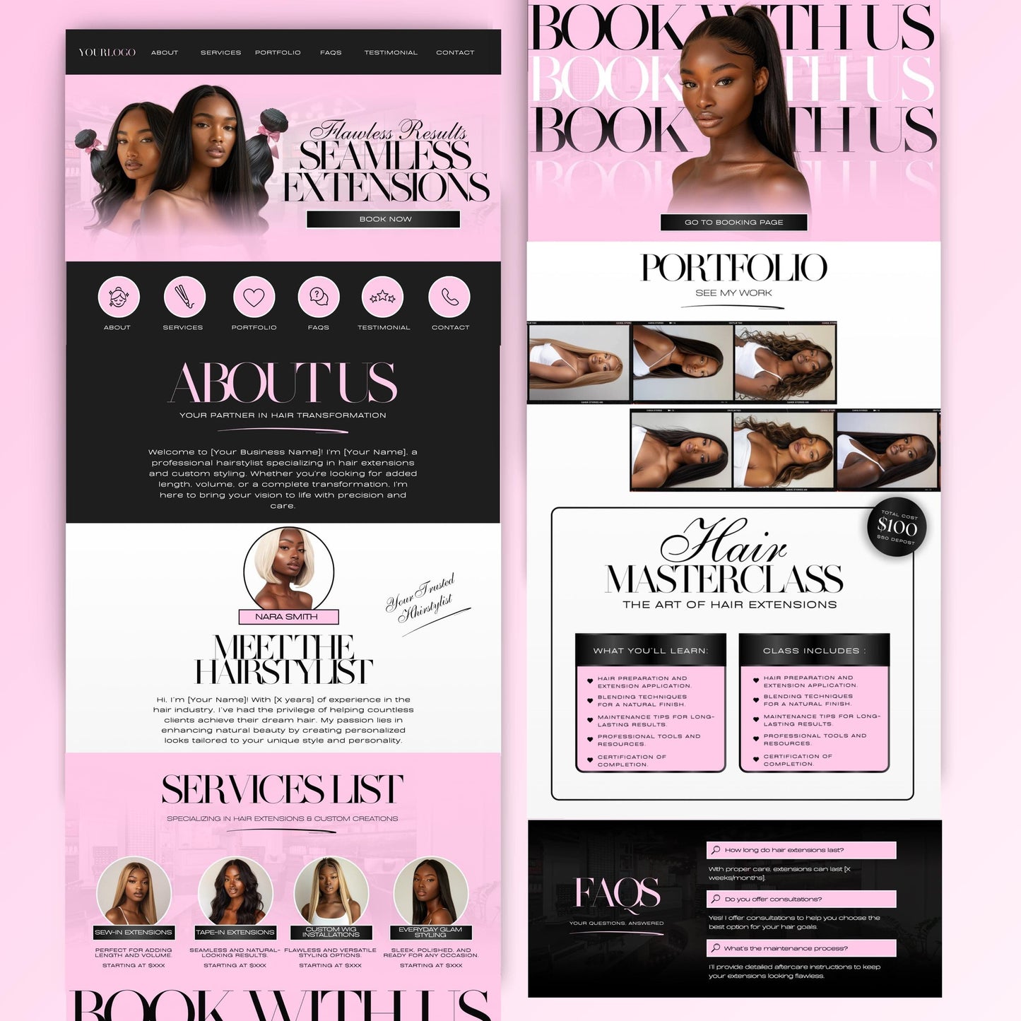 Hair Stylist Website Template, Hair Stylists Canva site, Hair Canva Banners, Hair Extensions Web Banners