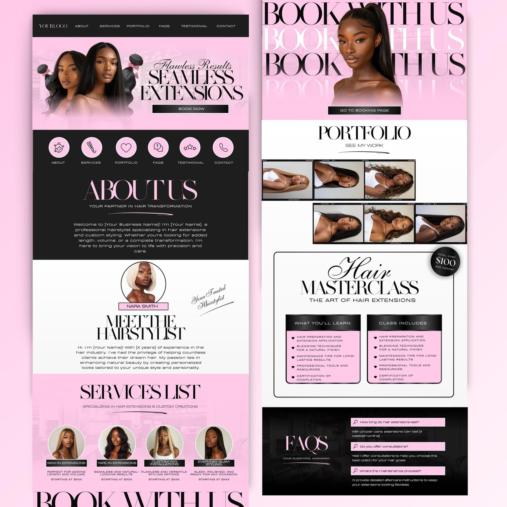 Hair Stylist Website Template, Hair Stylists Canva site, Hair Canva Banners, Hair Extensions Web Banners