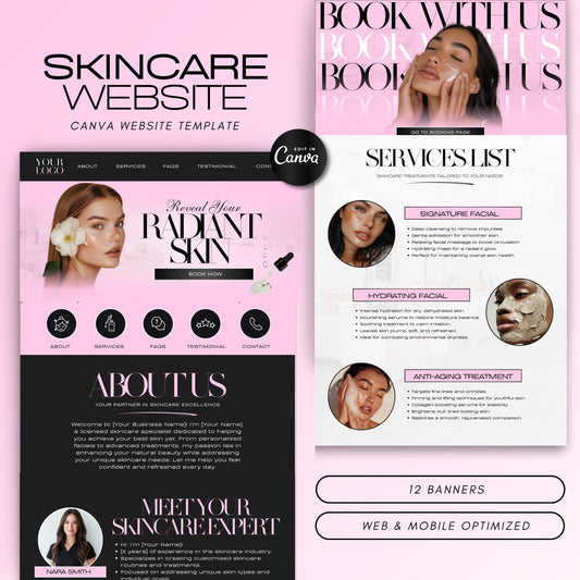 Skincare Website Template, Editable Canva Web Banners, Skincare banners, Skincare Site template, skincare canva site
