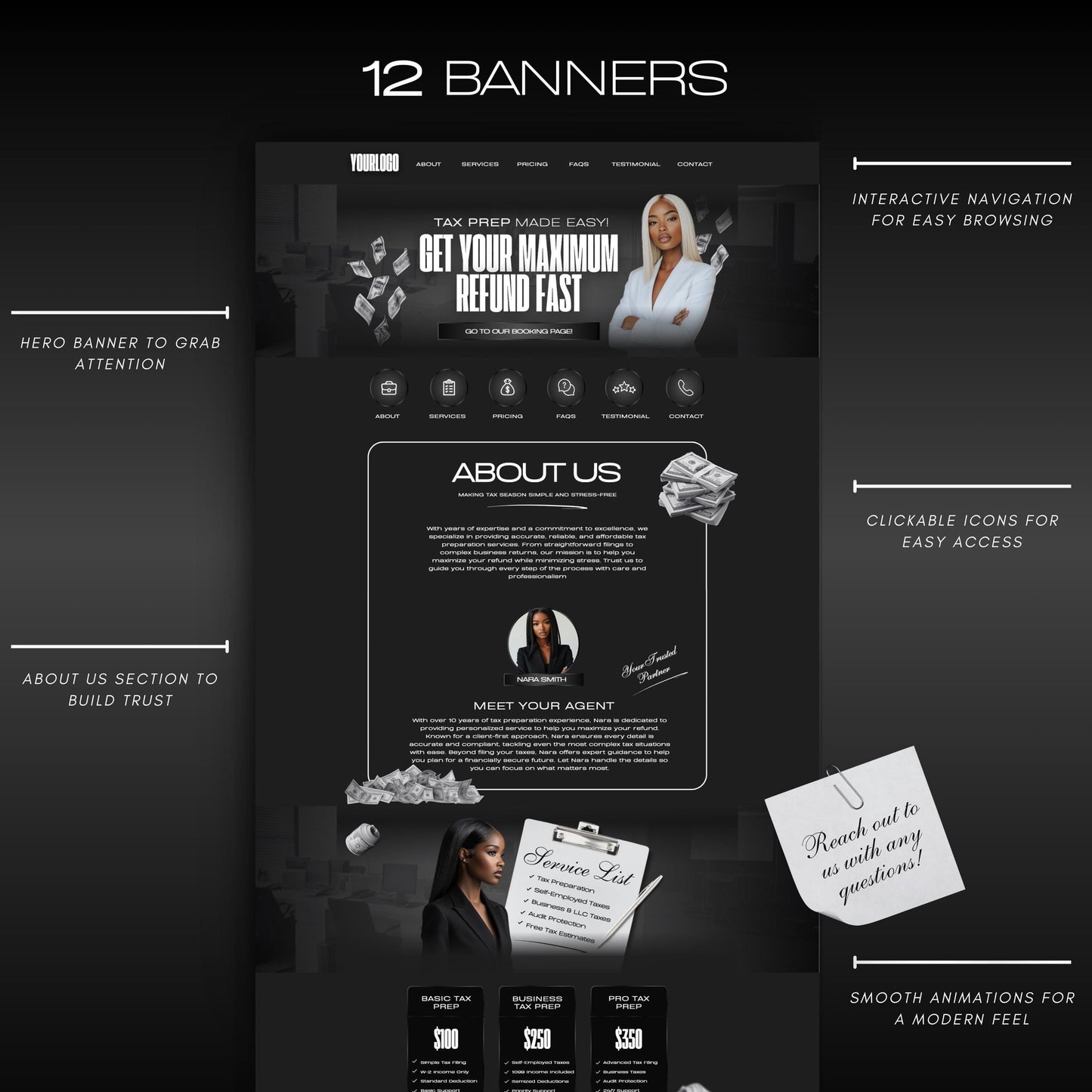 Tax Prep Website Template | Editable Canva Design for Tax Professionals | Tax Preparer & Accounting Website | Mobile Friendly | No Code