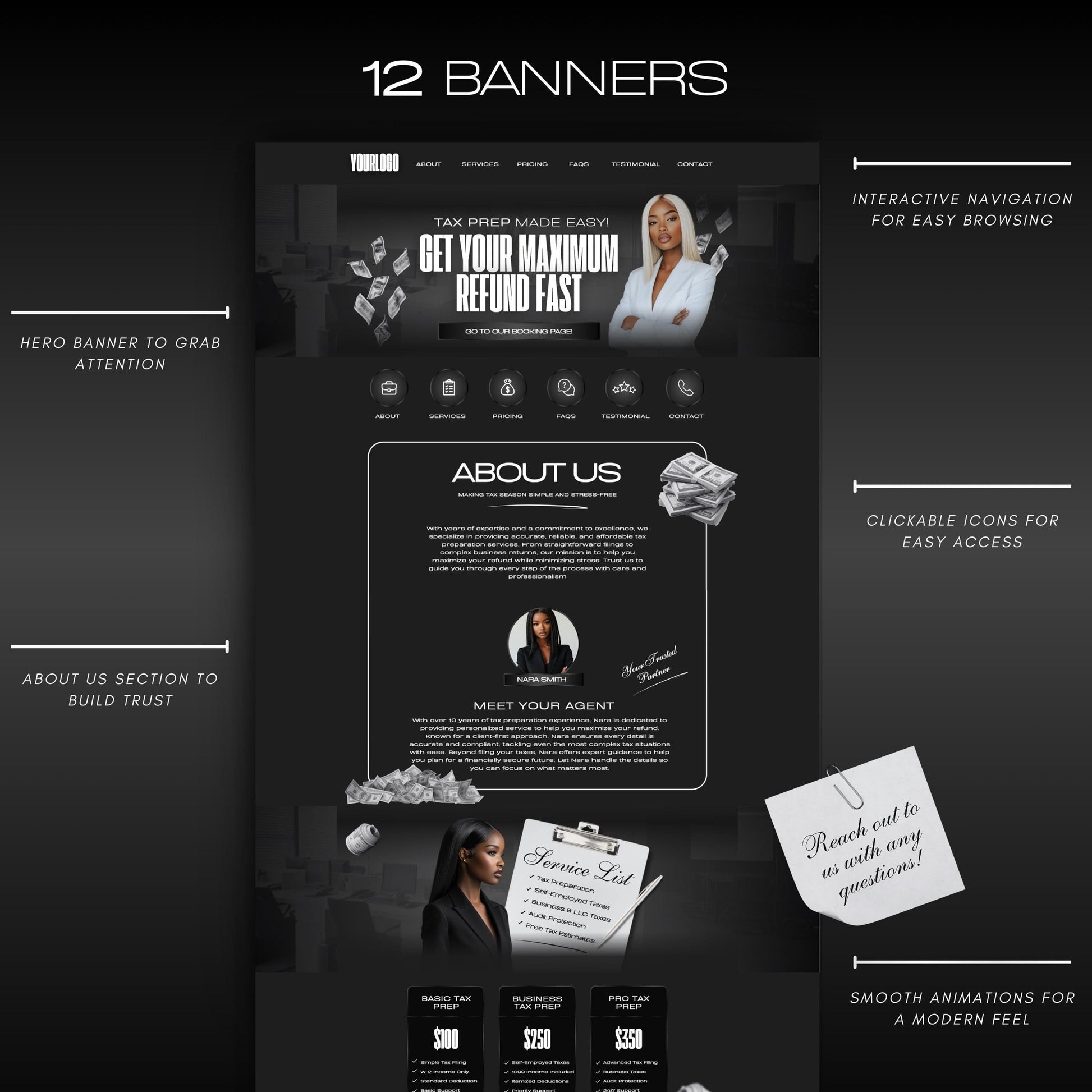 Tax Prep Website Template | Editable Canva Design for Tax Professionals | Tax Preparer & Accounting Website | Mobile Friendly | No Code