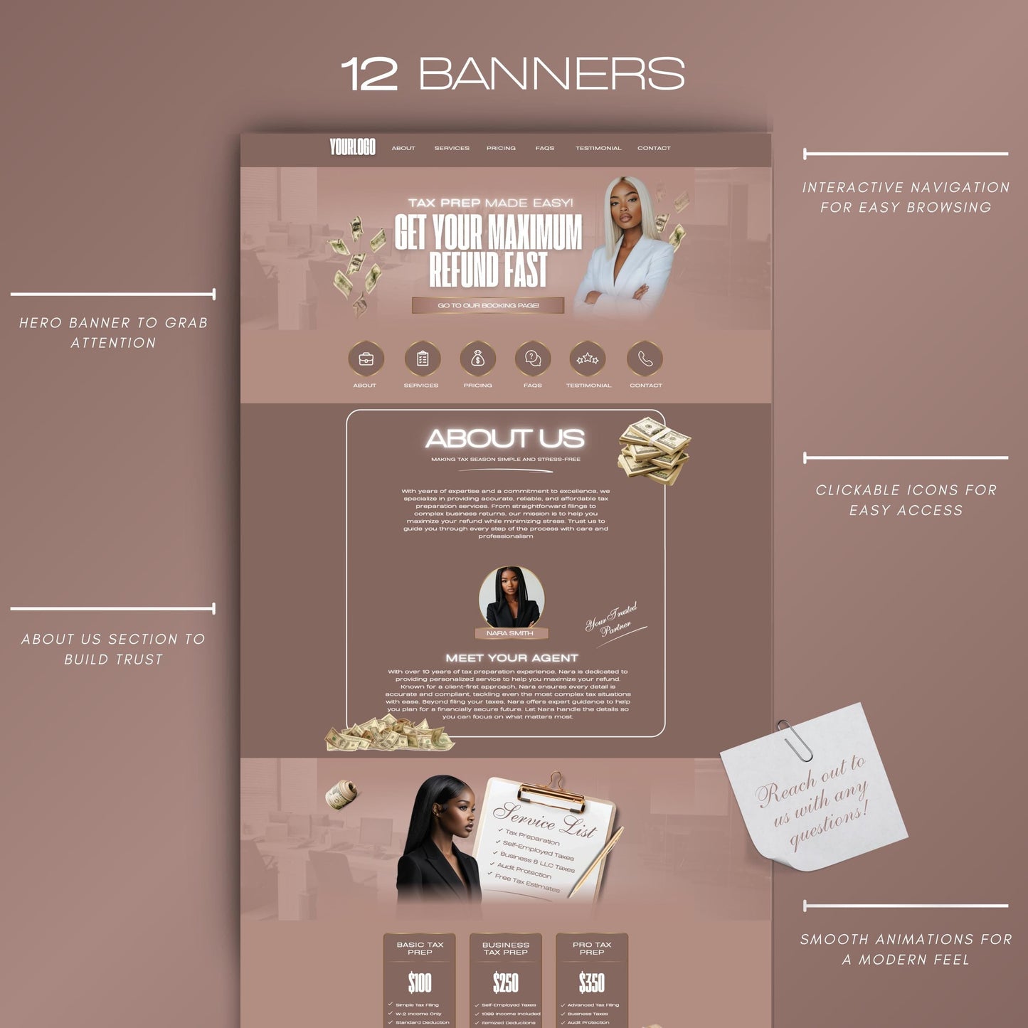 Tax Preparation Website Template | Canva Editable Design | Tax Preparer & Accounting Business Site | Mobile Optimized Digital Download