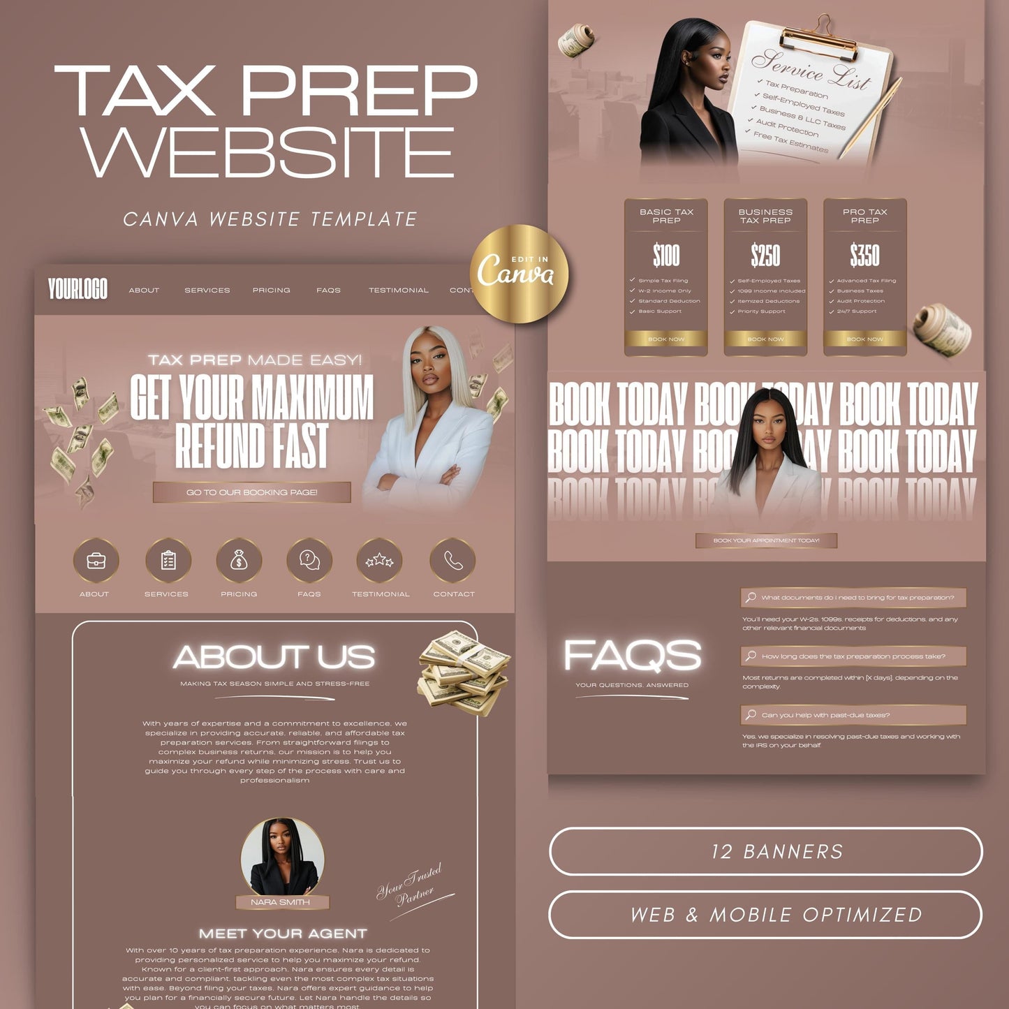 Tax Preparation Website Template | Canva Editable Design | Tax Preparer & Accounting Business Site | Mobile Optimized Digital Download