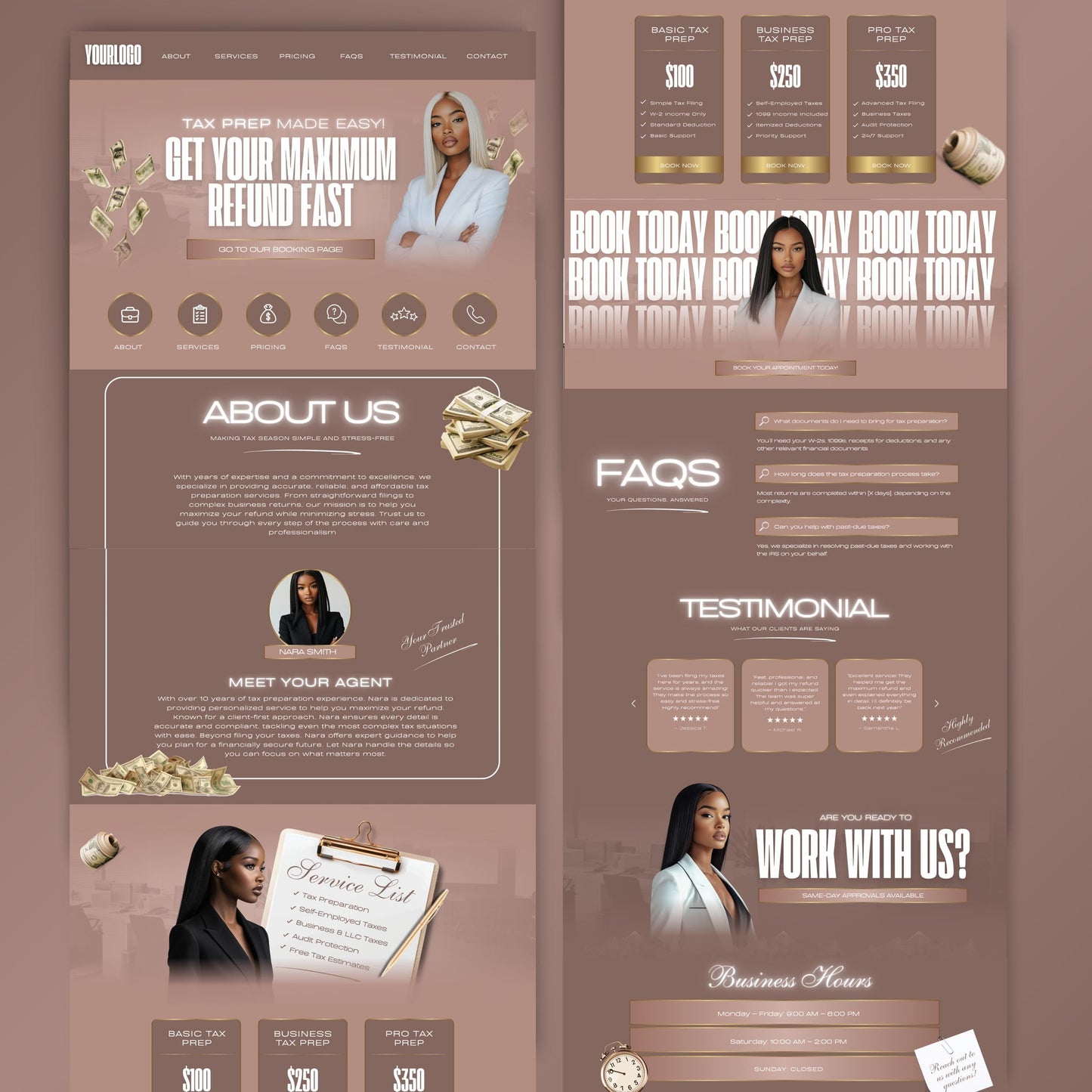 Tax Preparation Website Template | Canva Editable Design | Tax Preparer & Accounting Business Site | Mobile Optimized Digital Download