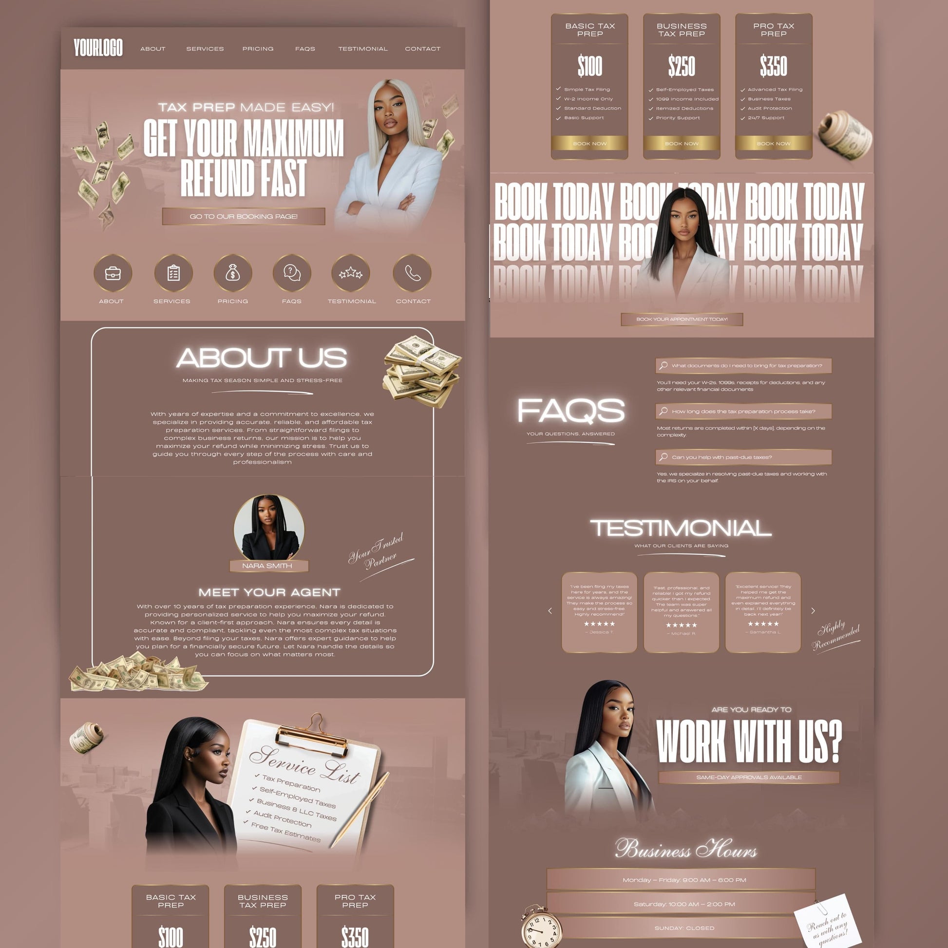 Tax Preparation Website Template | Canva Editable Design | Tax Preparer & Accounting Business Site | Mobile Optimized Digital Download