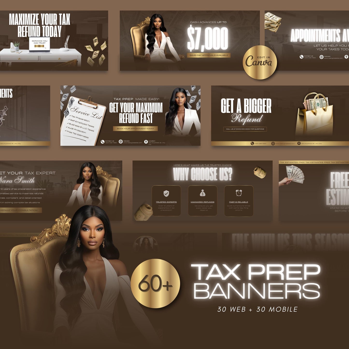 60 Professional Coffee and Gold Tax Prep Banners Canva Templates | Elite Accountant Web Banners