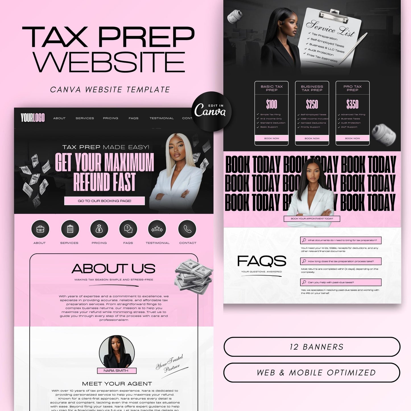 Tax Preparation Website Canva Template, Editable Accountant & Tax Service Site Design, Income Tax Business Website (Instant Download)