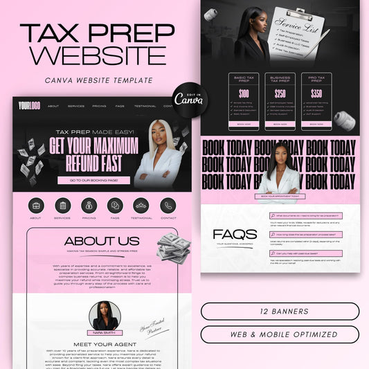 Tax Preparation Website Canva Template, Editable Accountant & Tax Service Site Design, Income Tax Business Website (Instant Download)