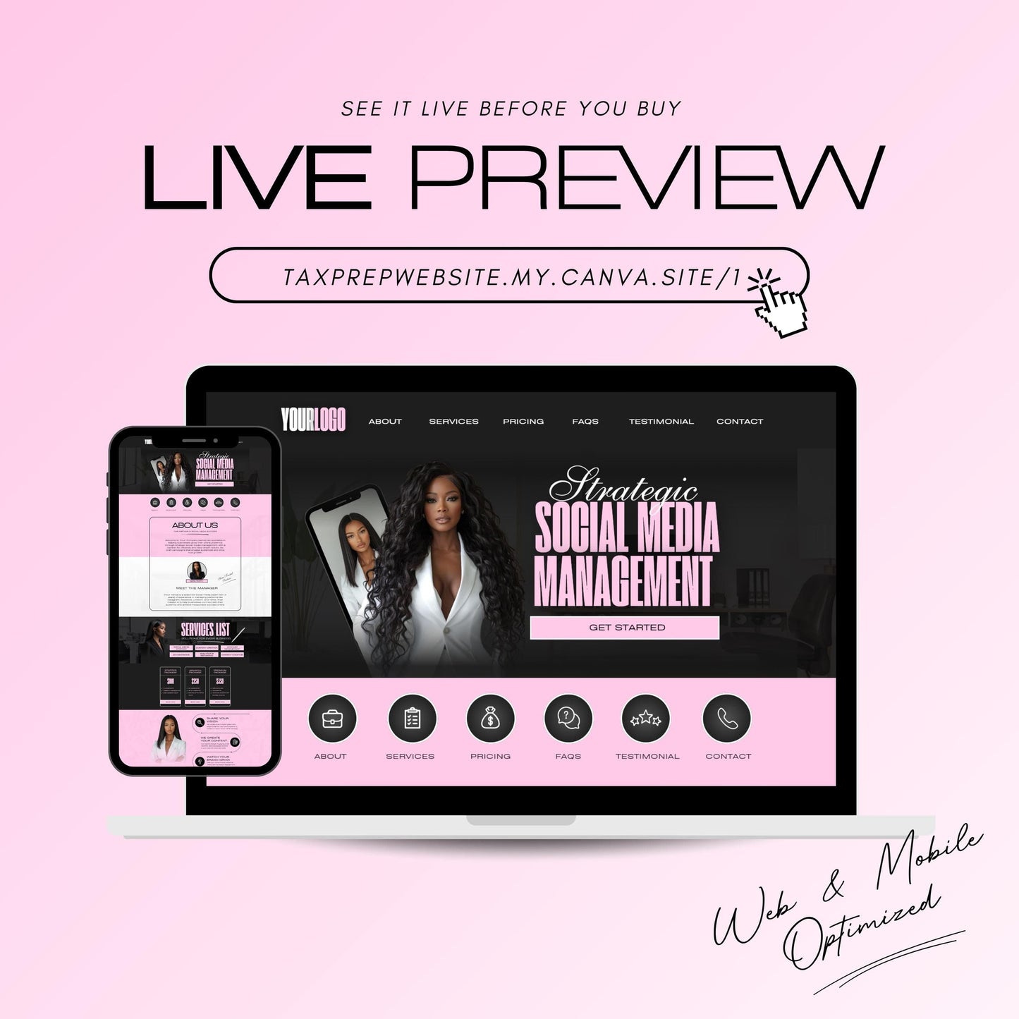 Social Media Management Website Template – Web & Mobile-Optimized Canva Template for Social Media Managers (Editable, No Code)
