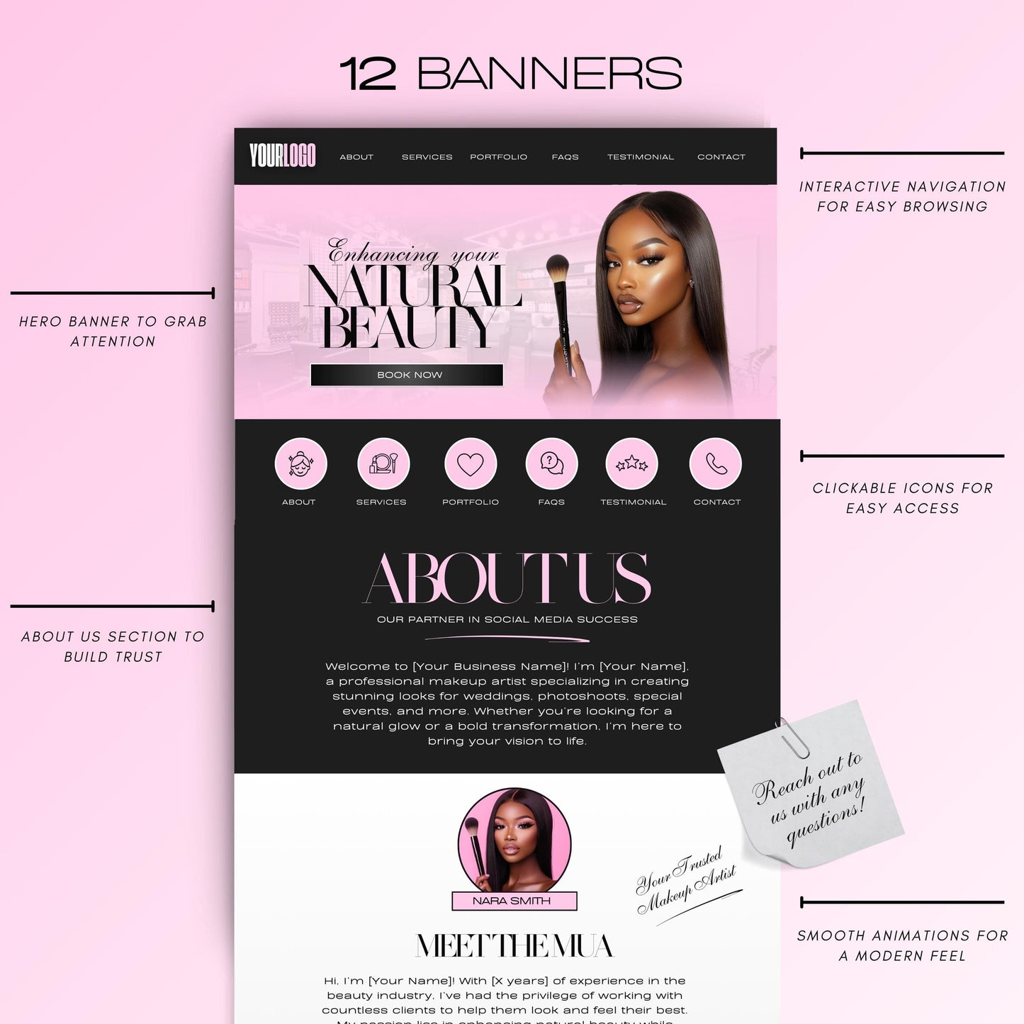 MUA Canva Website Template, Makeup Artist Website Design, Modern Beauty Business Editable Templates (Digital Download)