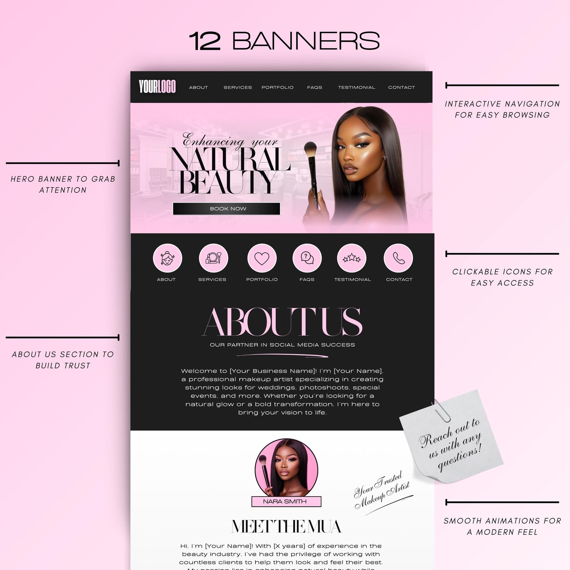 MUA Canva Website Template, Makeup Artist Website Design, Modern Beauty Business Editable Templates (Digital Download)