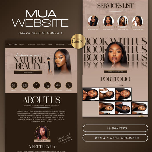 Makeup Artist Website Template, MUA Canva Website Design, Modern Beauty Business Editable Template