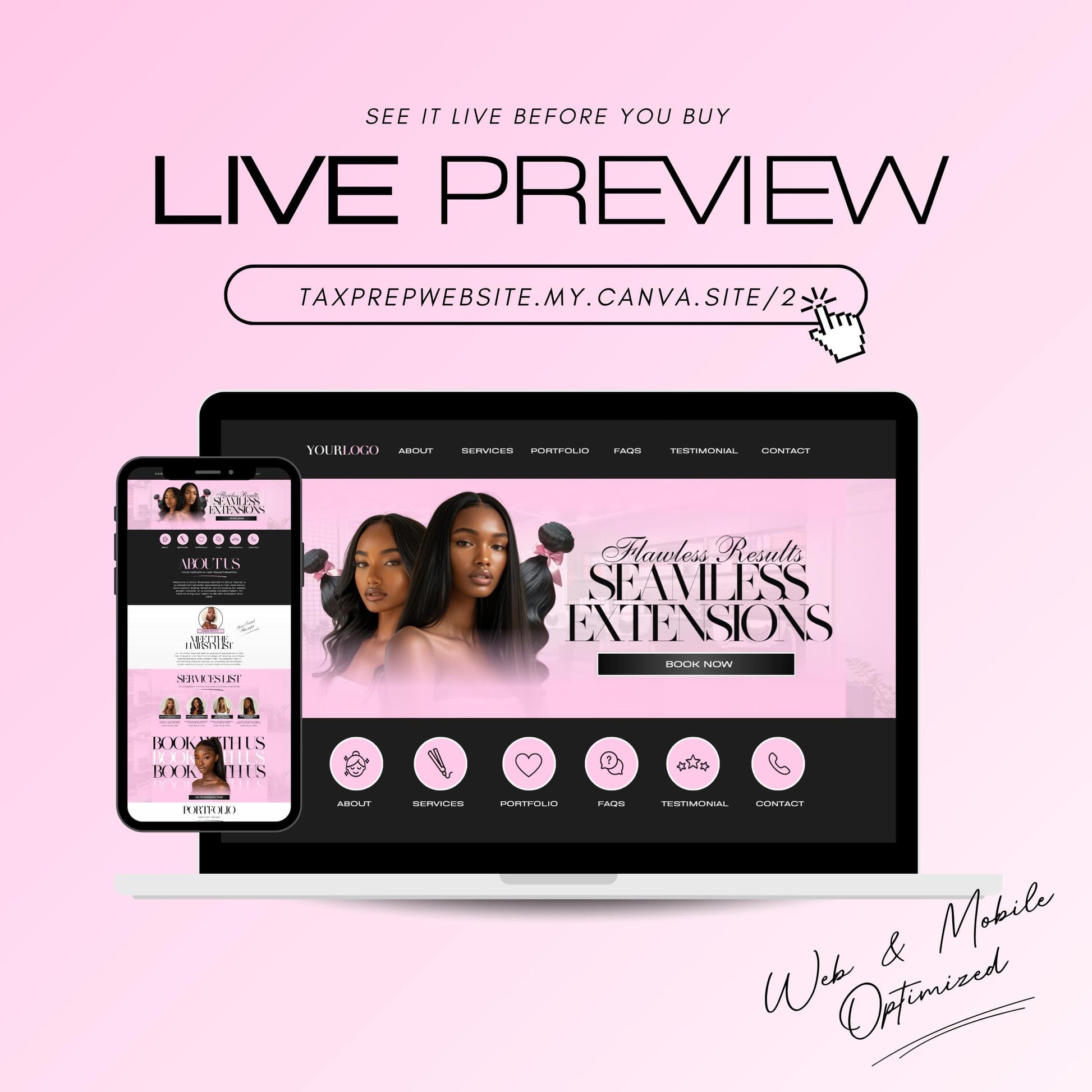 Hair Stylist Website Template, Hair Stylists Canva site, Hair Canva Banners, Hair Extensions Web Banners