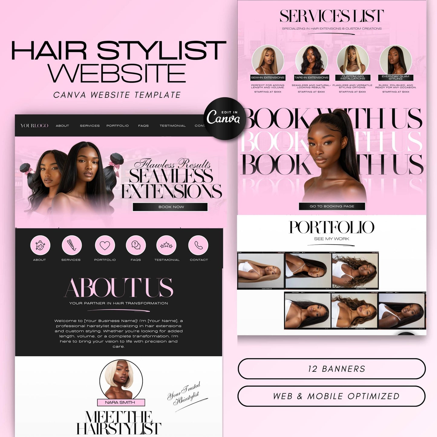 Hair Stylist Website Template, Hair Stylists Canva site, Hair Canva Banners, Hair Extensions Web Banners
