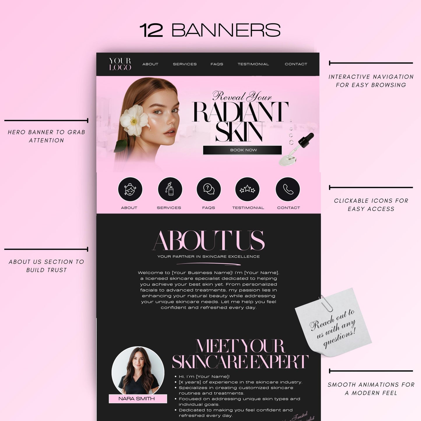 Skincare Website Template, Editable Canva Web Banners, Skincare banners, Skincare Site template, skincare canva site