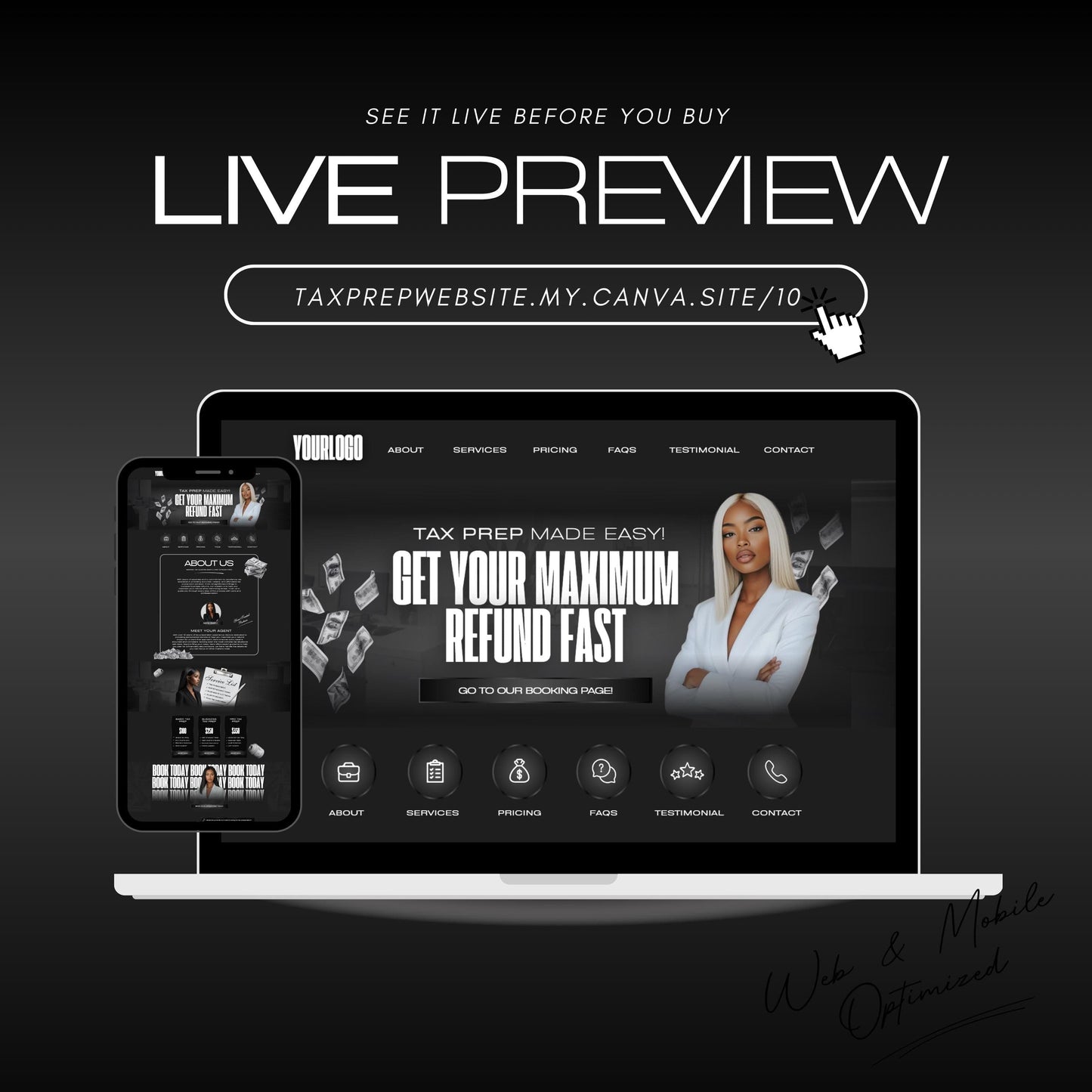 Tax Prep Website Template | Editable Canva Design for Tax Professionals | Tax Preparer & Accounting Website | Mobile Friendly | No Code