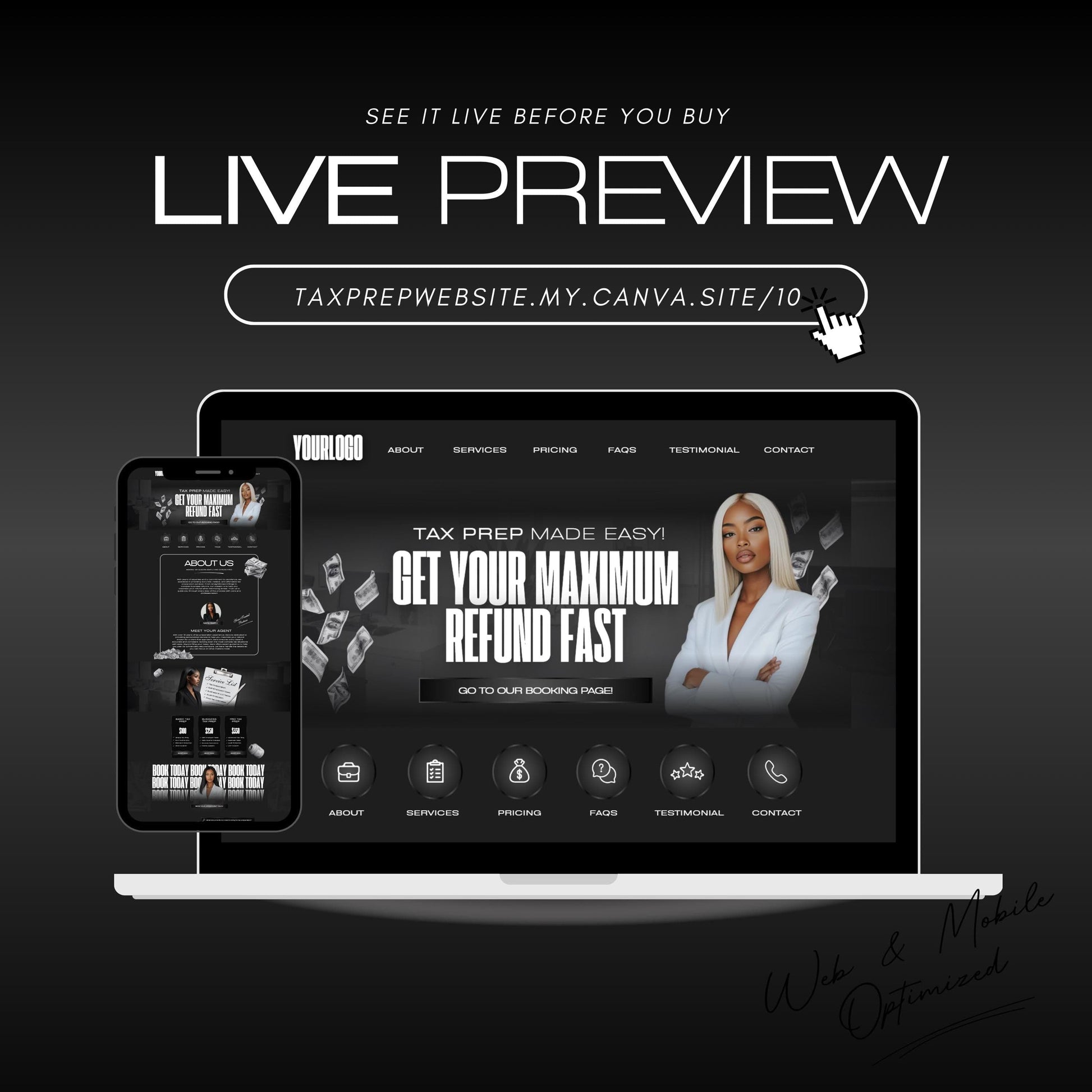 Tax Prep Website Template | Editable Canva Design for Tax Professionals | Tax Preparer & Accounting Website | Mobile Friendly | No Code