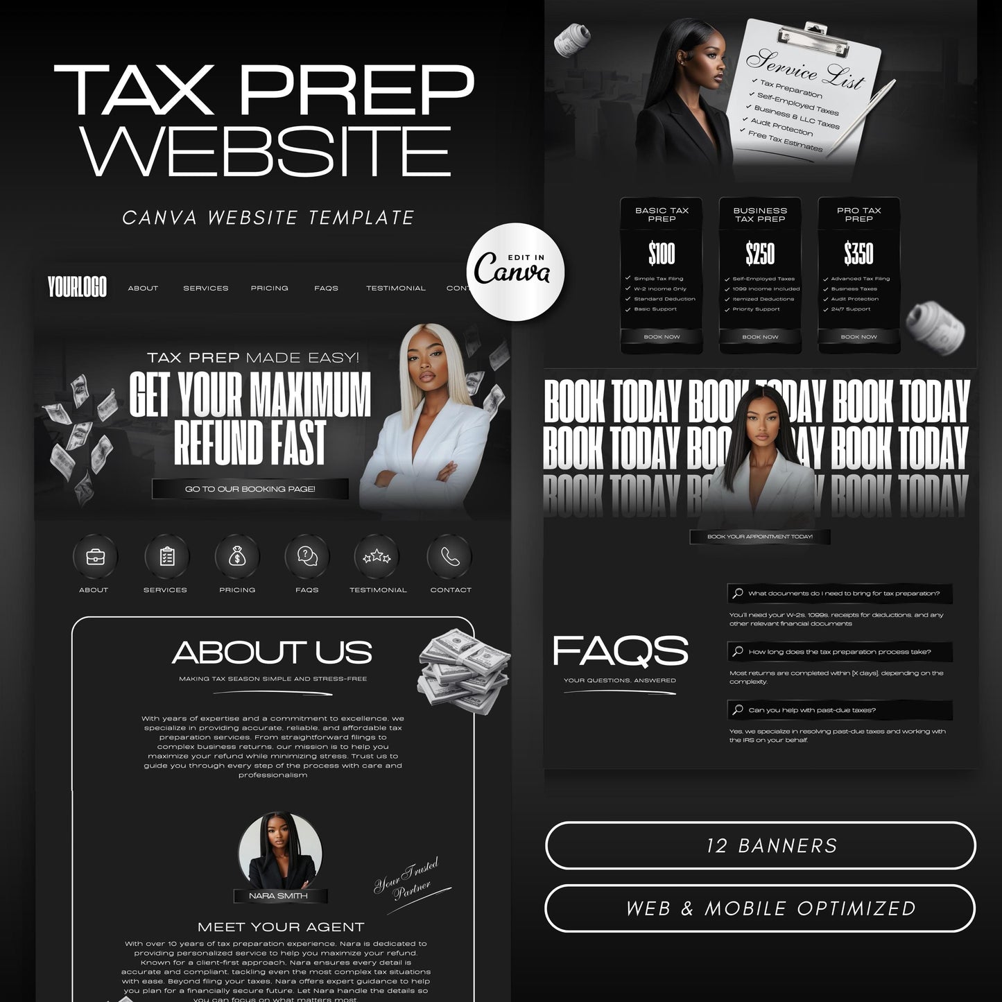 Tax Prep Website Template | Editable Canva Design for Tax Professionals | Tax Preparer & Accounting Website | Mobile Friendly | No Code