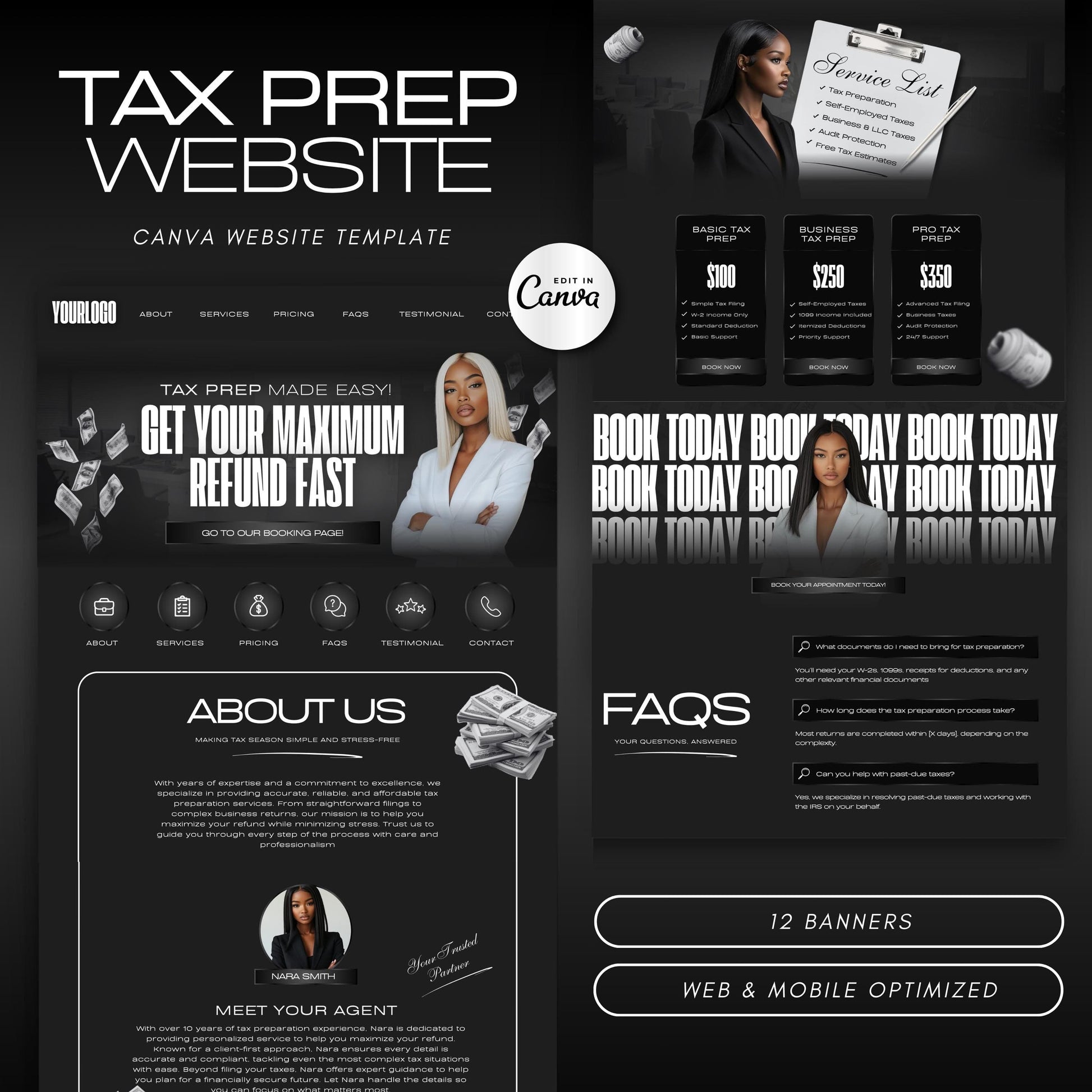 Tax Prep Website Template | Editable Canva Design for Tax Professionals | Tax Preparer & Accounting Website | Mobile Friendly | No Code
