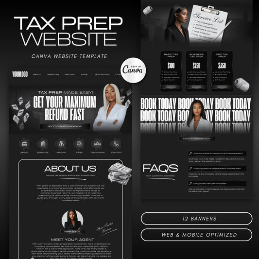 Tax Prep Website Template | Editable Canva Design for Tax Professionals | Tax Preparer & Accounting Website | Mobile Friendly | No Code