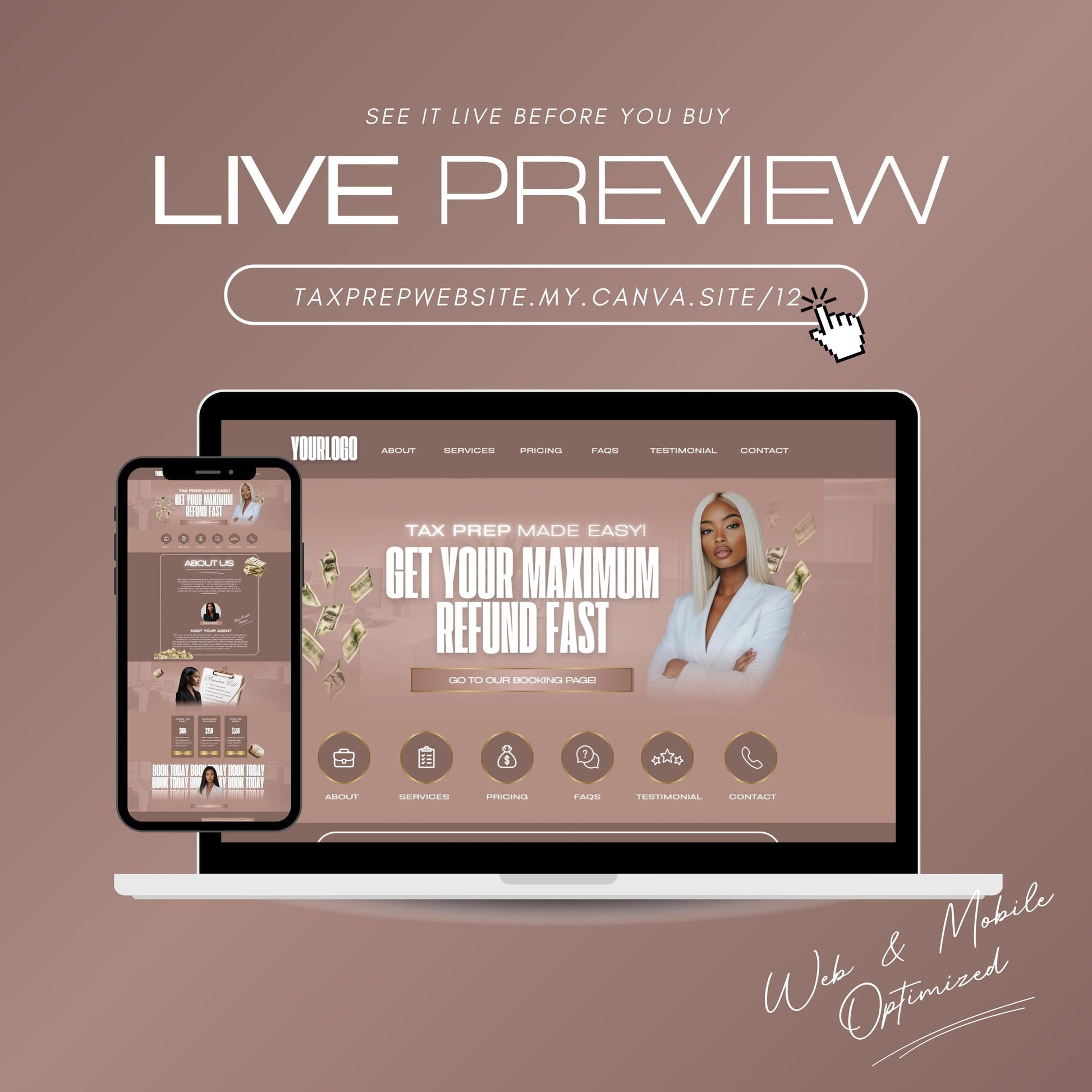 Tax Preparation Website Template | Canva Editable Design | Tax Preparer & Accounting Business Site | Mobile Optimized Digital Download