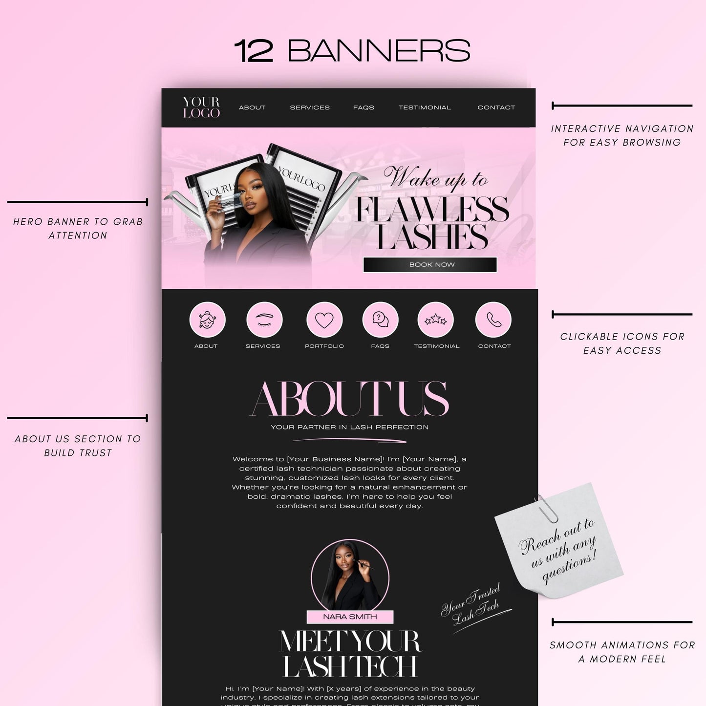 Lash Tech Website Template, Lash Link in Bio, Eyelash Extension Web Banners & Aesthetic Canva Website Design for Lash Artists