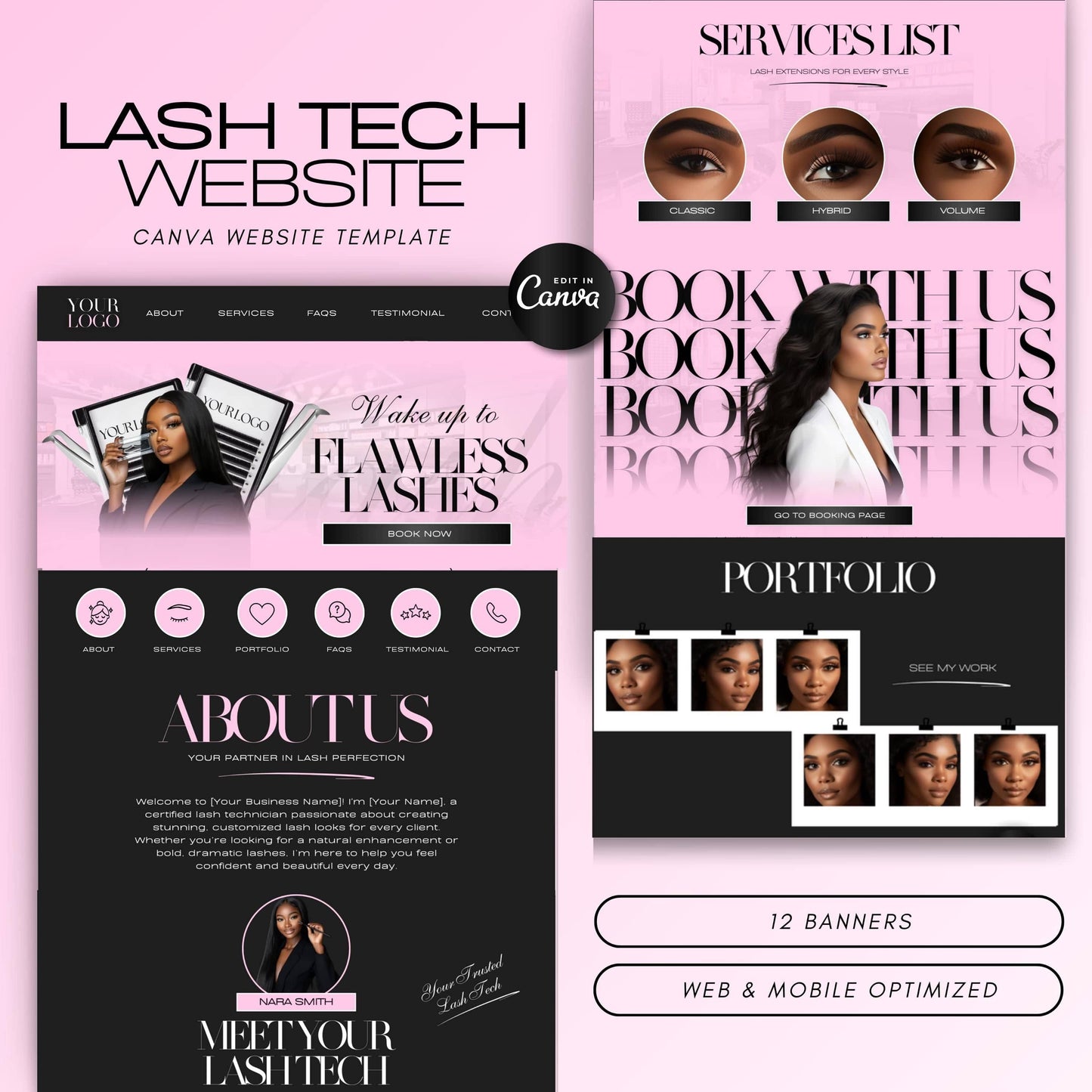 Lash Tech Website Template, Lash Link in Bio, Eyelash Extension Web Banners & Aesthetic Canva Website Design for Lash Artists