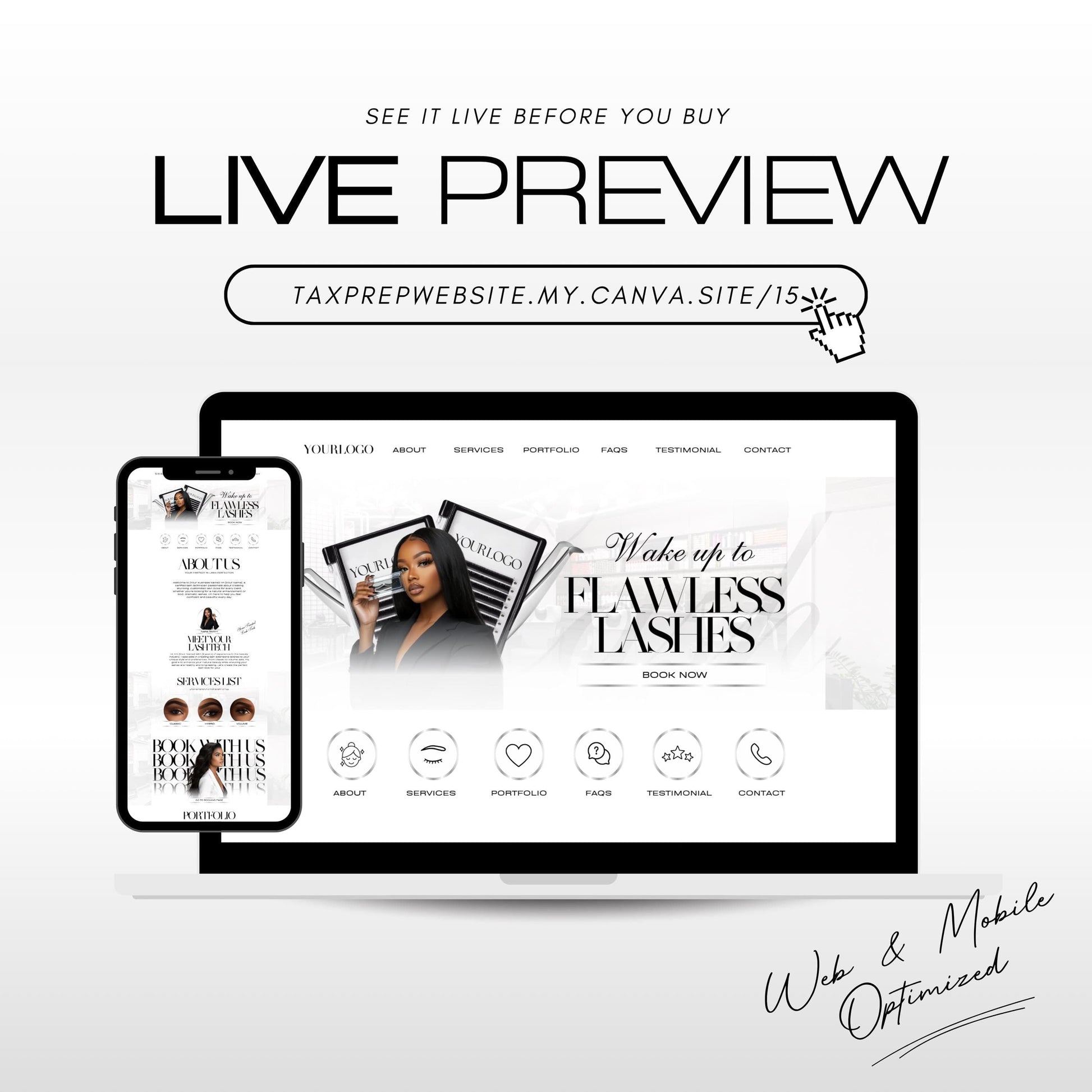 Lash Tech Website Template, Editable Canva Web Banners & Link in Bio Website, Eyelash Extension Beauty Business Design