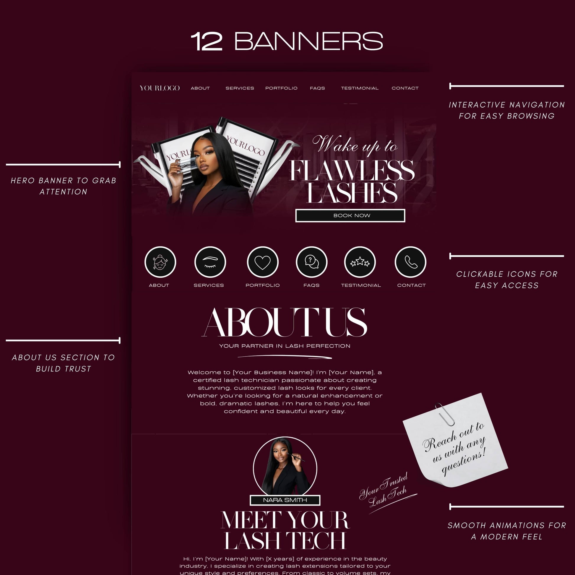 Lash Tech Website Template, Modern Web & Mobile Banners, Eyelash Extension Canva Editable Website for Lash Artists