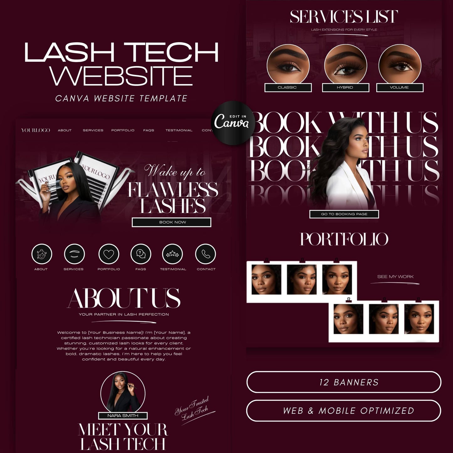 Lash Tech Website Template, Modern Web & Mobile Banners, Eyelash Extension Canva Editable Website for Lash Artists
