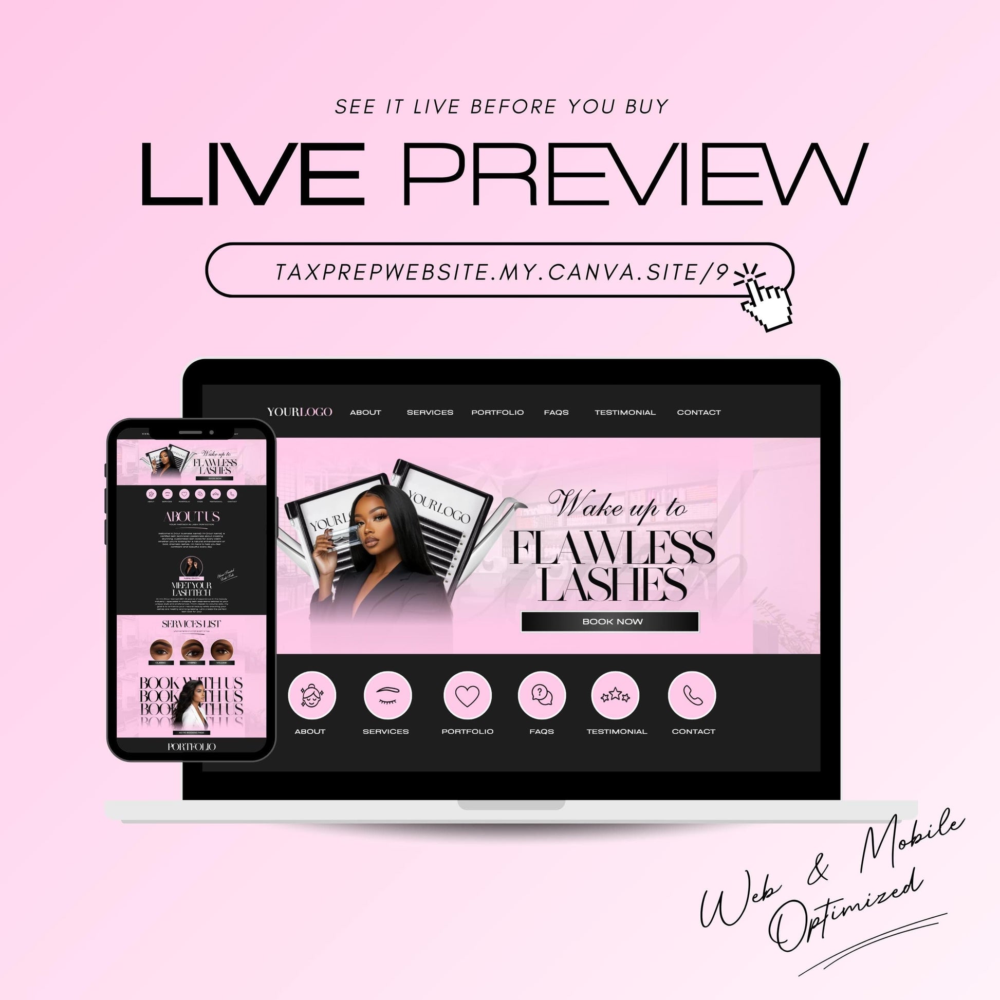 Lash Tech Website Template, Lash Link in Bio, Eyelash Extension Web Banners & Aesthetic Canva Website Design for Lash Artists