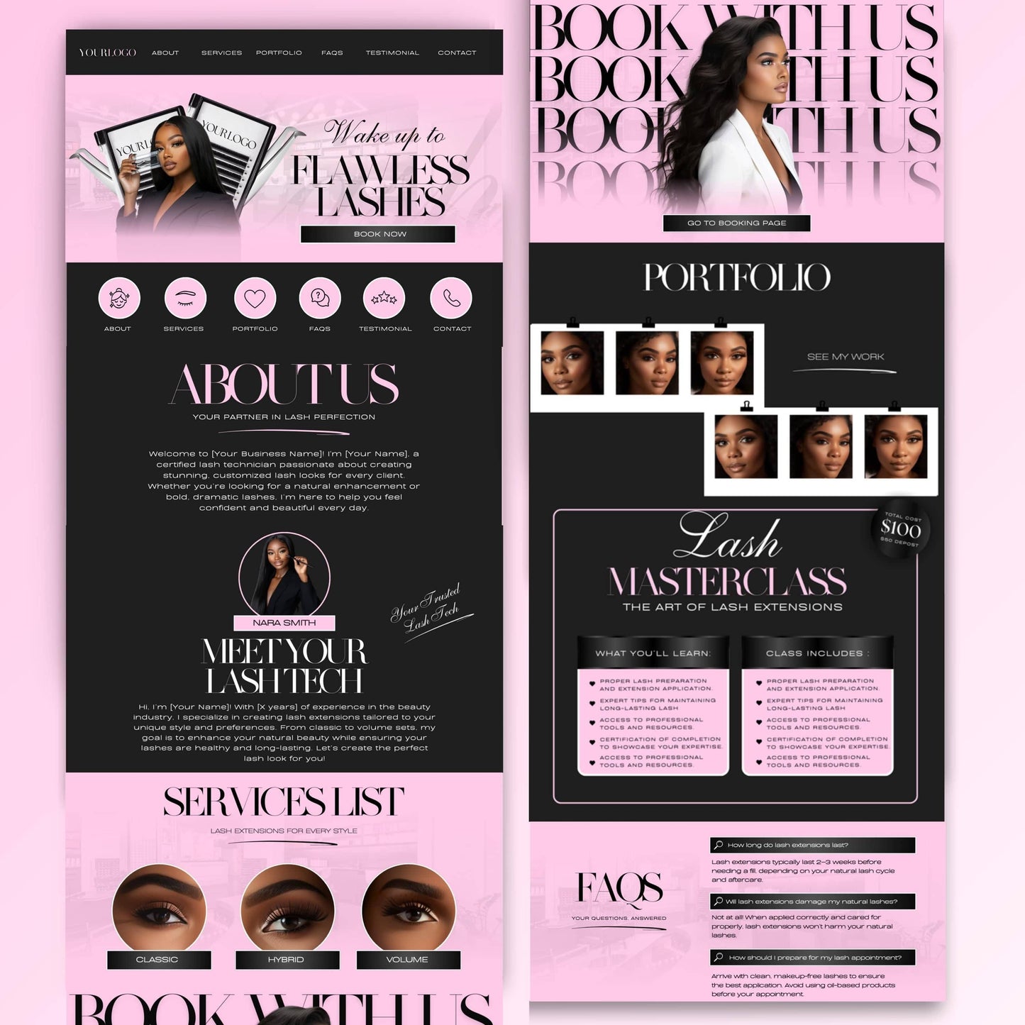Lash Tech Website Template, Lash Link in Bio, Eyelash Extension Web Banners & Aesthetic Canva Website Design for Lash Artists