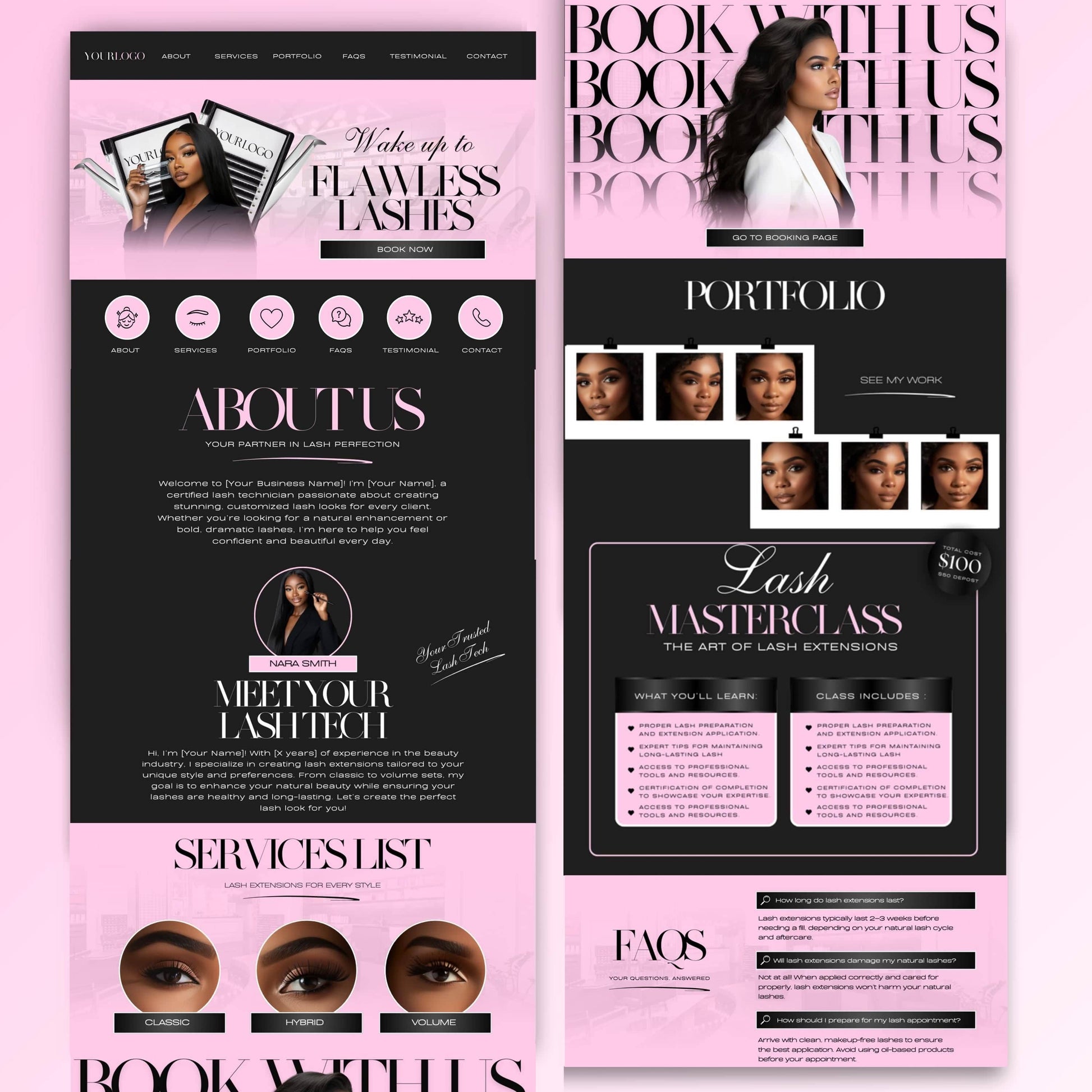 Lash Tech Website Template, Lash Link in Bio, Eyelash Extension Web Banners & Aesthetic Canva Website Design for Lash Artists