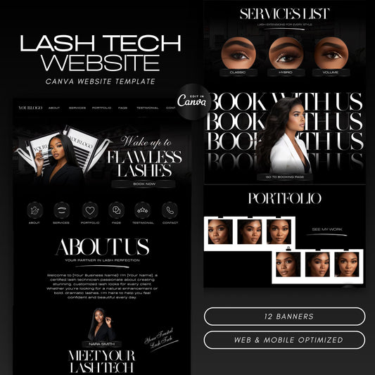 Lash Tech Website Template, Modern Web & Mobile Design, Eyelash Extension Lash Artist Canva Editable Website