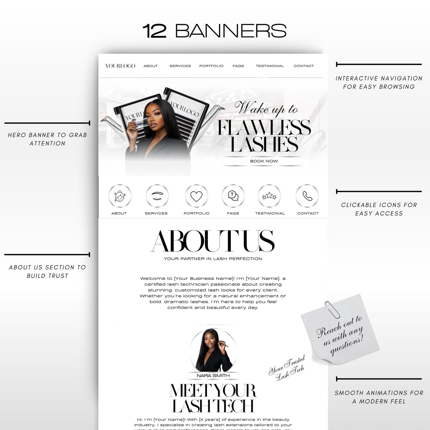 Lash Tech Website Template, Editable Canva Web Banners & Link in Bio Website, Eyelash Extension Beauty Business Design