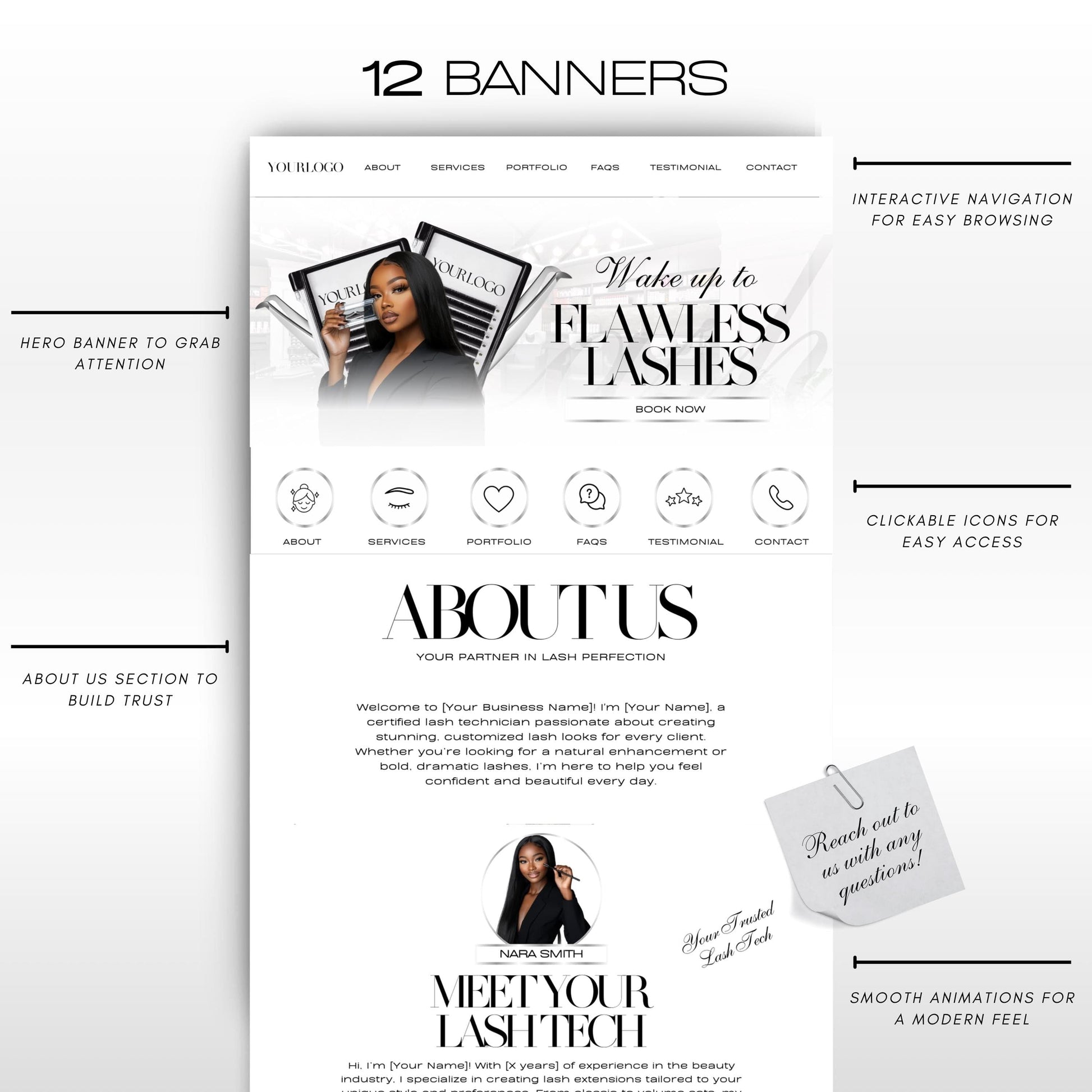 Lash Tech Website Template, Editable Canva Web Banners & Link in Bio Website, Eyelash Extension Beauty Business Design