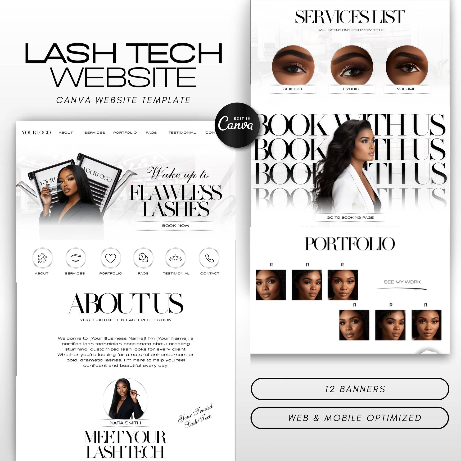 Lash Tech Website Template, Editable Canva Web Banners & Link in Bio Website, Eyelash Extension Beauty Business Design