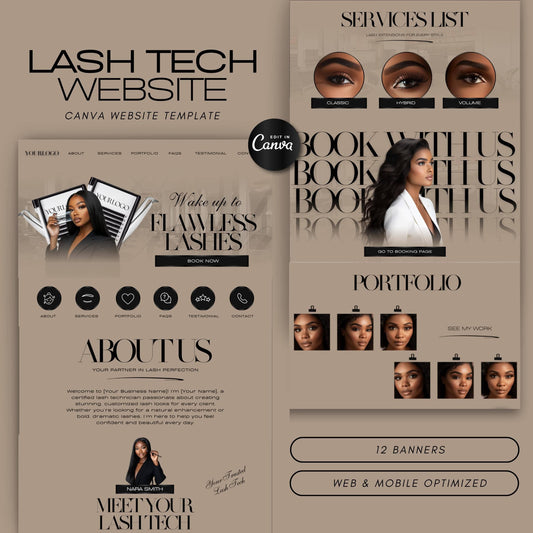 Lash Tech Website Template, Editable Canva Web Banners, Eyelash Extension & Lash Artist Business Website Design