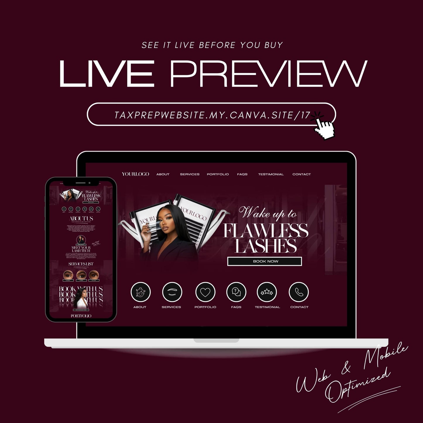 Lash Tech Website Template, Modern Web & Mobile Banners, Eyelash Extension Canva Editable Website for Lash Artists