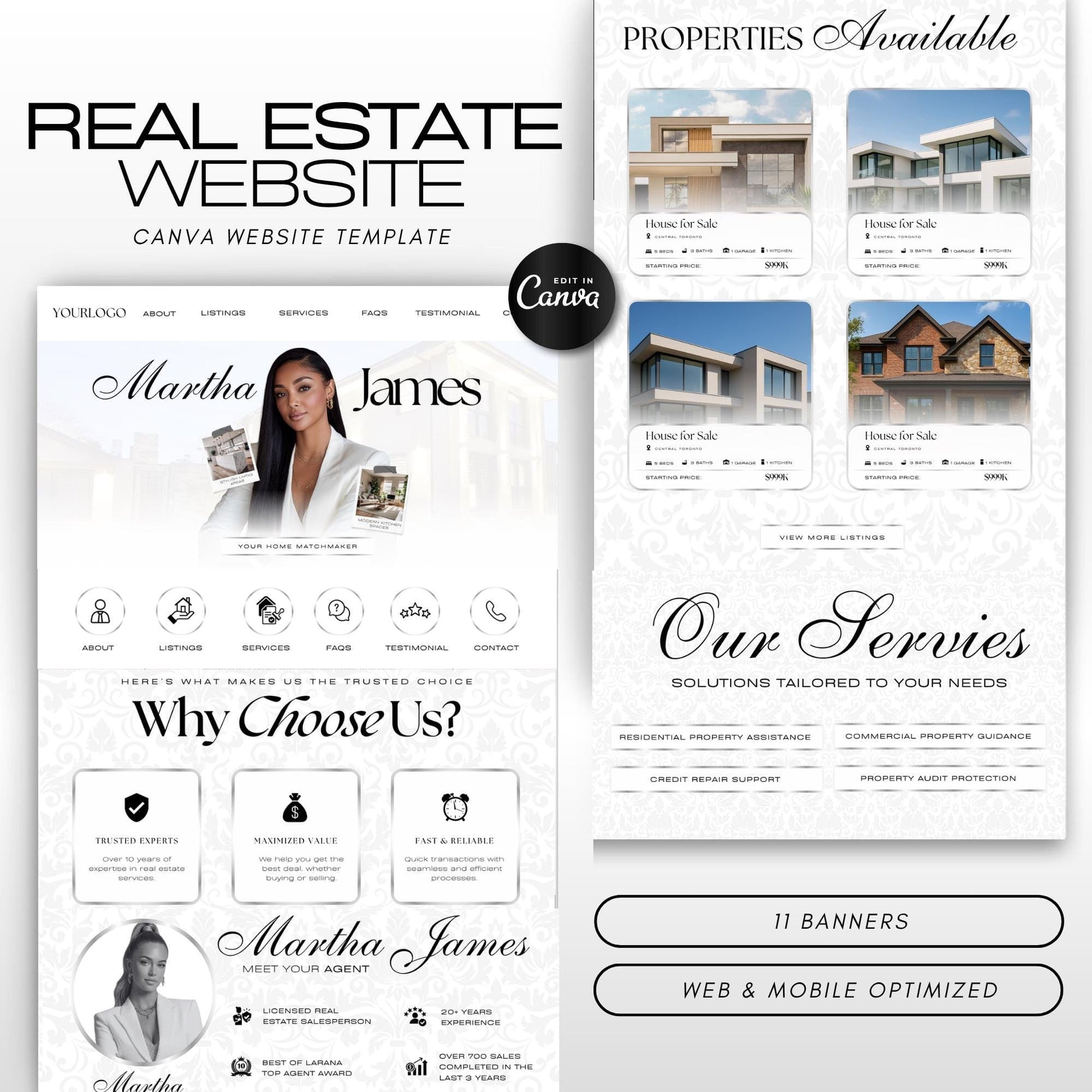 Realtor Website Template Canva, Real Estate Landing Page Design, Property Listing, Open House & For Sale Website Templates