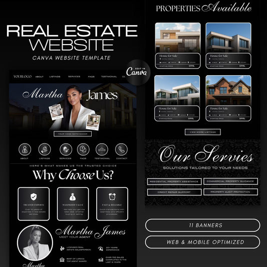 Real Estate Website Template, Editable Canva Realtor Website Design, Modern Property Landing Page & Open House Site