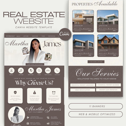 Real Estate Website Template Canva, Modern Realtor Landing Page Design, Property Listing & Open House Website for Agents