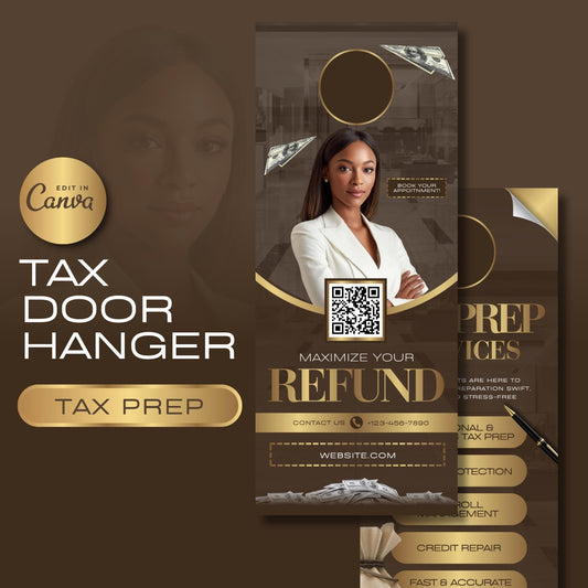 Door Hanger, Tax Prep Services, Tax Prep Door Hanger, Tax Preparer, 2025 Income Tax, Tax Season, 2025 Tax Flyer, Edit In Canva, Gold, Black