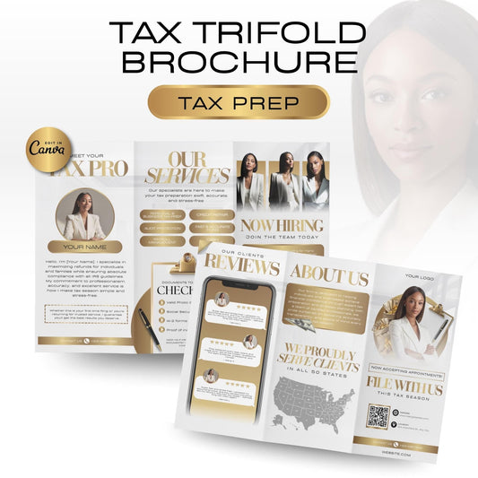 Tax Prep Services Trifold Brochure, Gold & Black, 2025 Income Tax, Tax Season, DIY Canva (Digital Download)
