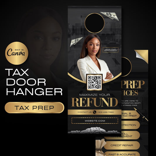 Door Hanger, Tax Prep Services, Tax Prep Door Hanger, Tax Preparer, 2025 Income Tax, Tax Season, 2025 Tax Flyer, Edit In Canva, Gold, Black