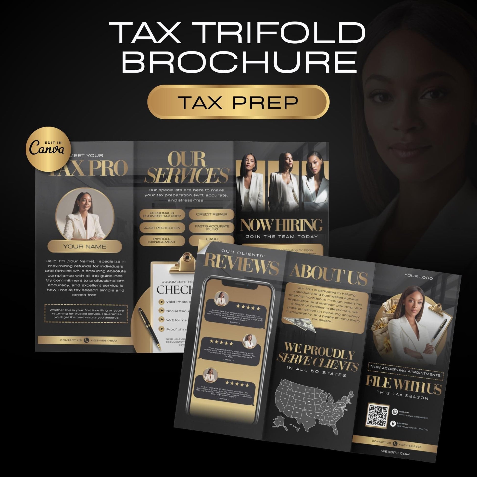 Brochure, Tax Prep Services, Tax Prep Brochure, Tax Preparer, 2025 Income Tax, Tax Season, 2025 Tax Flyer, DIY Canva, Gold, Black, Trifold