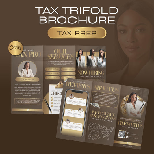 Brochure, Tax Prep Services, Tax Prep Brochure, Tax Preparer, 2025 Income Tax, Tax Season, 2025 Tax Flyer, DIY Canva, Gold, Black, Trifold